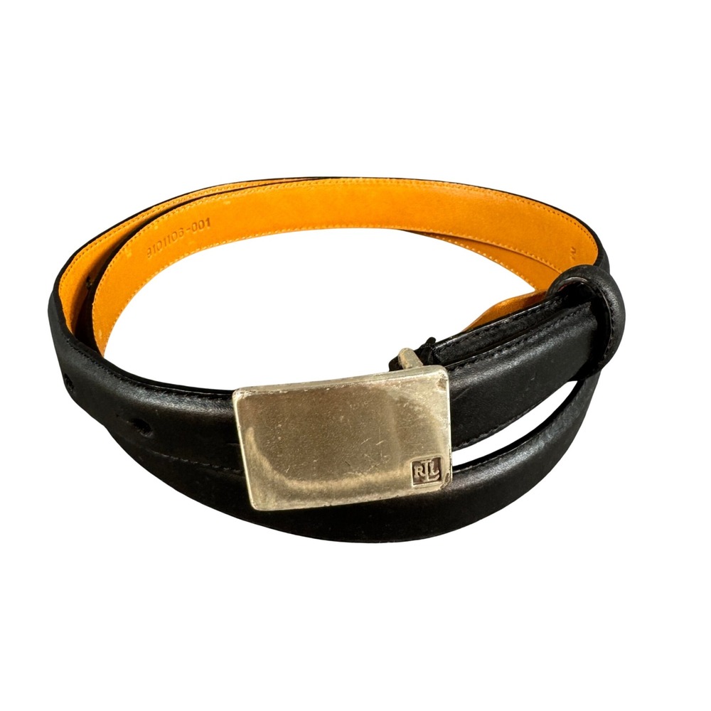 Lauren Ralph Lauren Black Italian Leather Belt Silver Plaque Buckle M 9101106